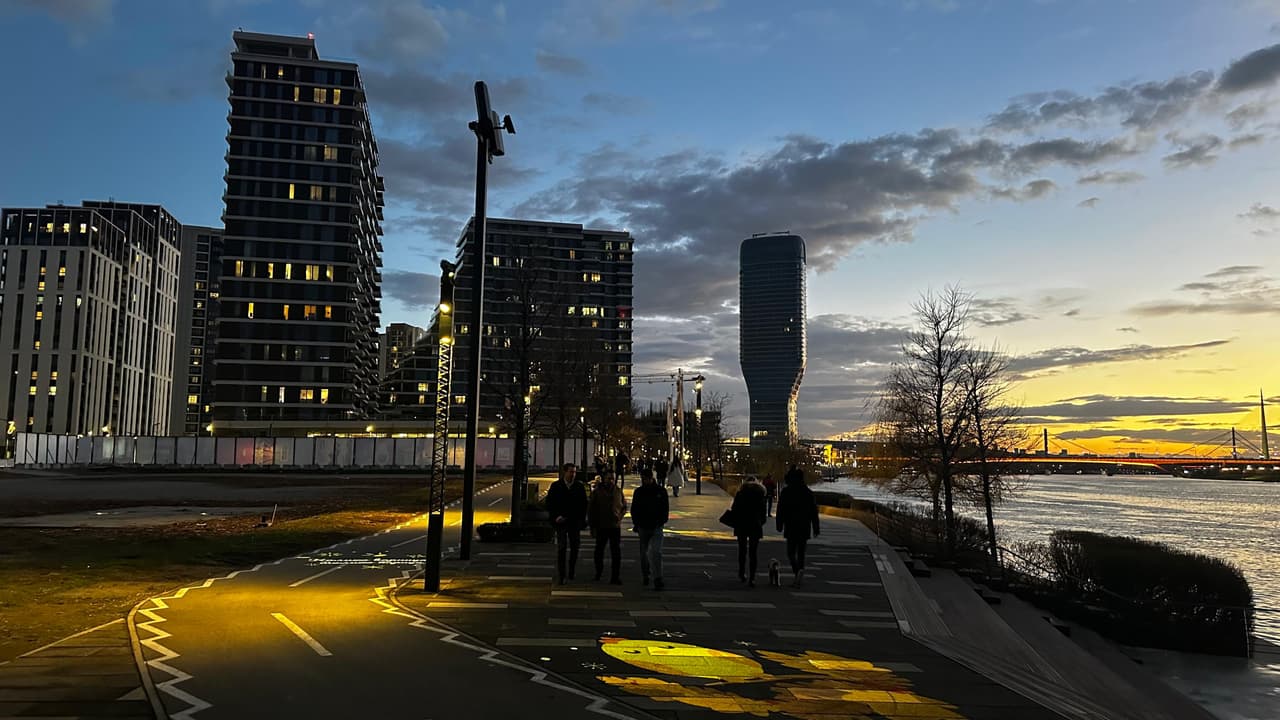 The Sava promenade in Belgrade Waterfront at dusk